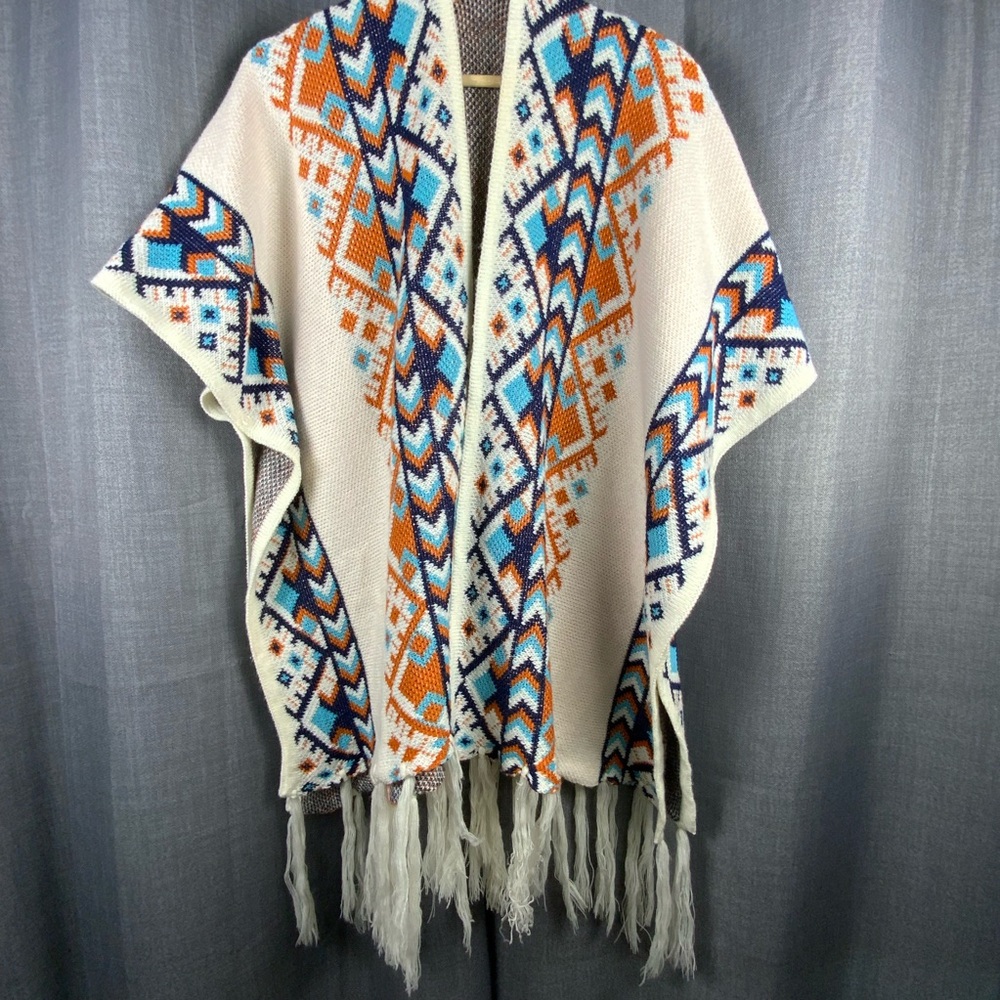 Boho Tribal Fringe Poncho Shawl Wrap | Open Front | Layering